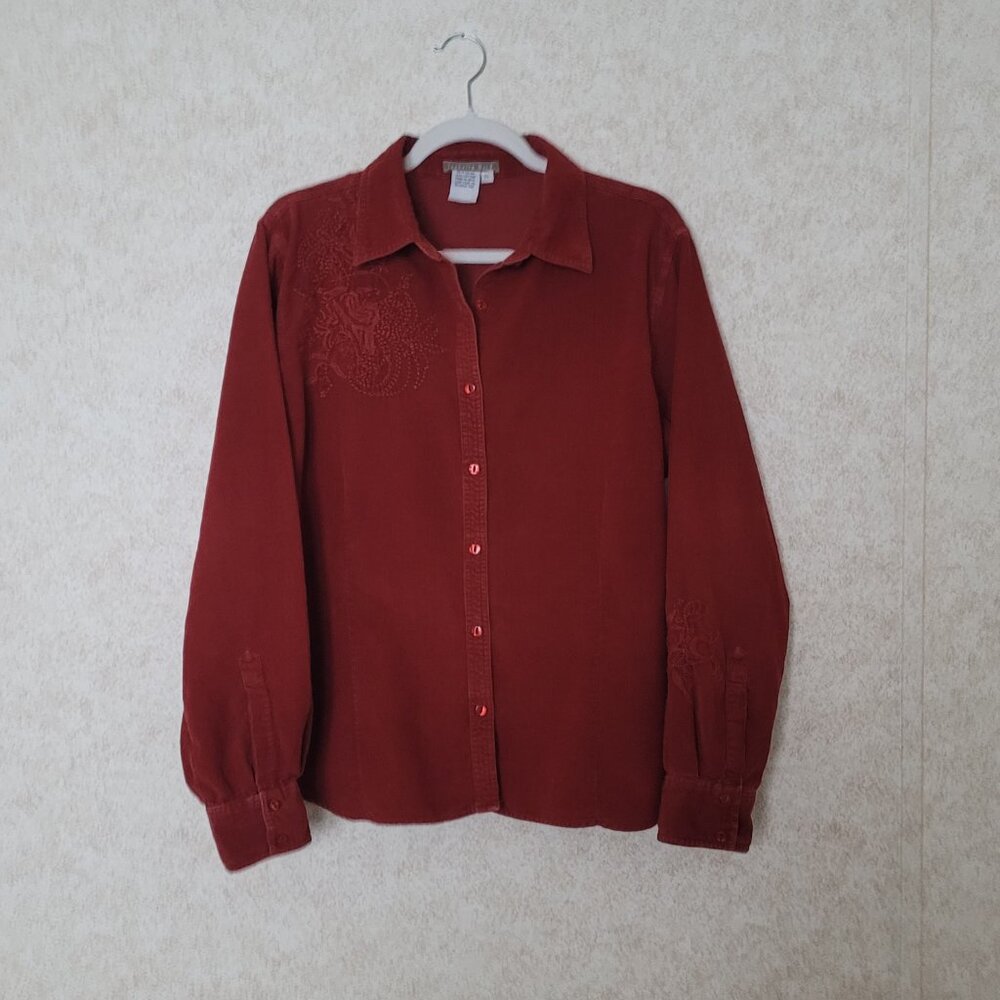 Red Embroidered Corduroy Button Shirt  Isabella Bird  Womens Size XL - Picture 8 of 15